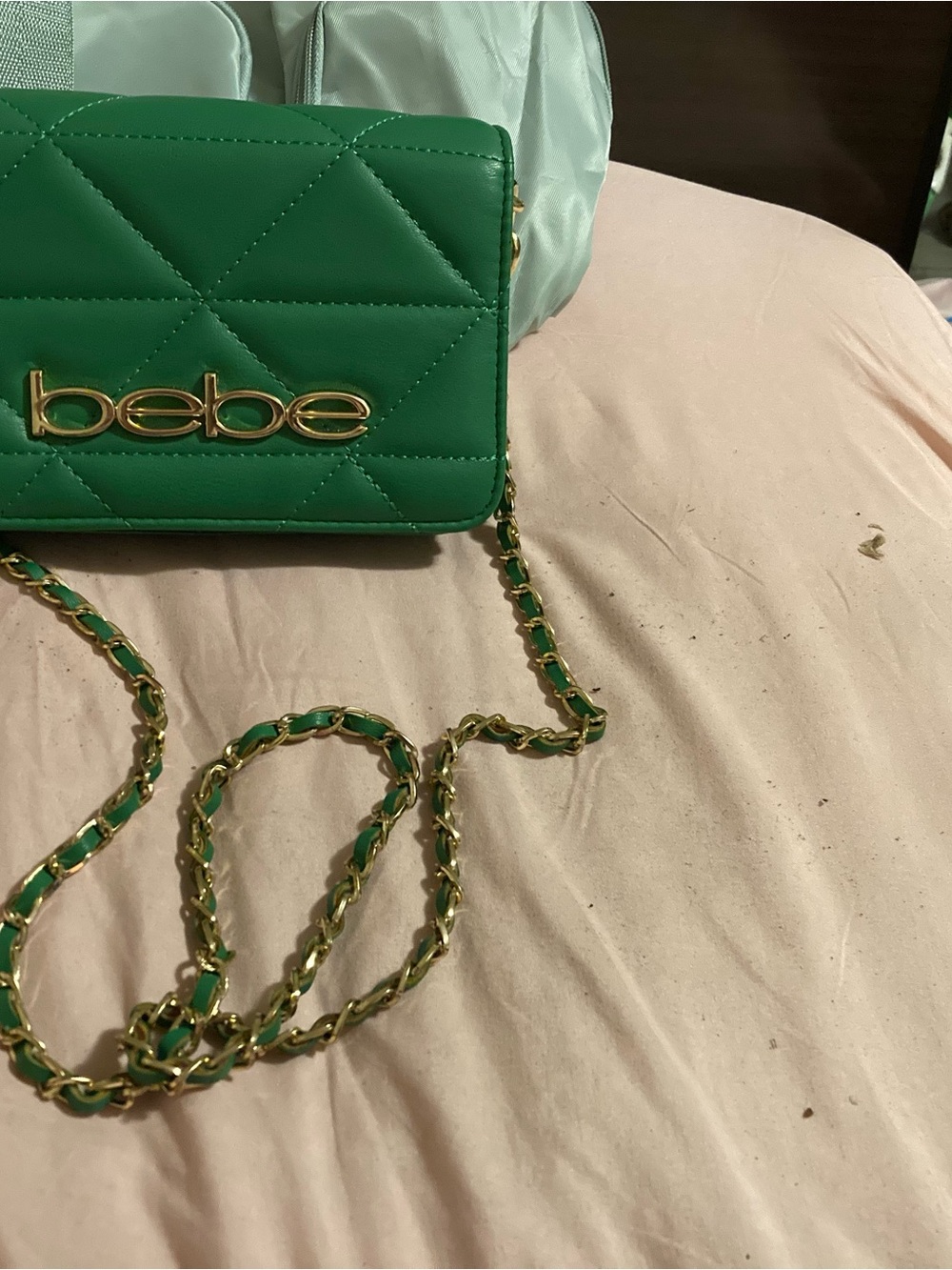 bebe Quilted Green Crossbody with Gold Chain Strap